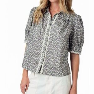sundays Sz M Floral Puff Sleeve Collared Blouse Lace Trim Boho Cottagecore